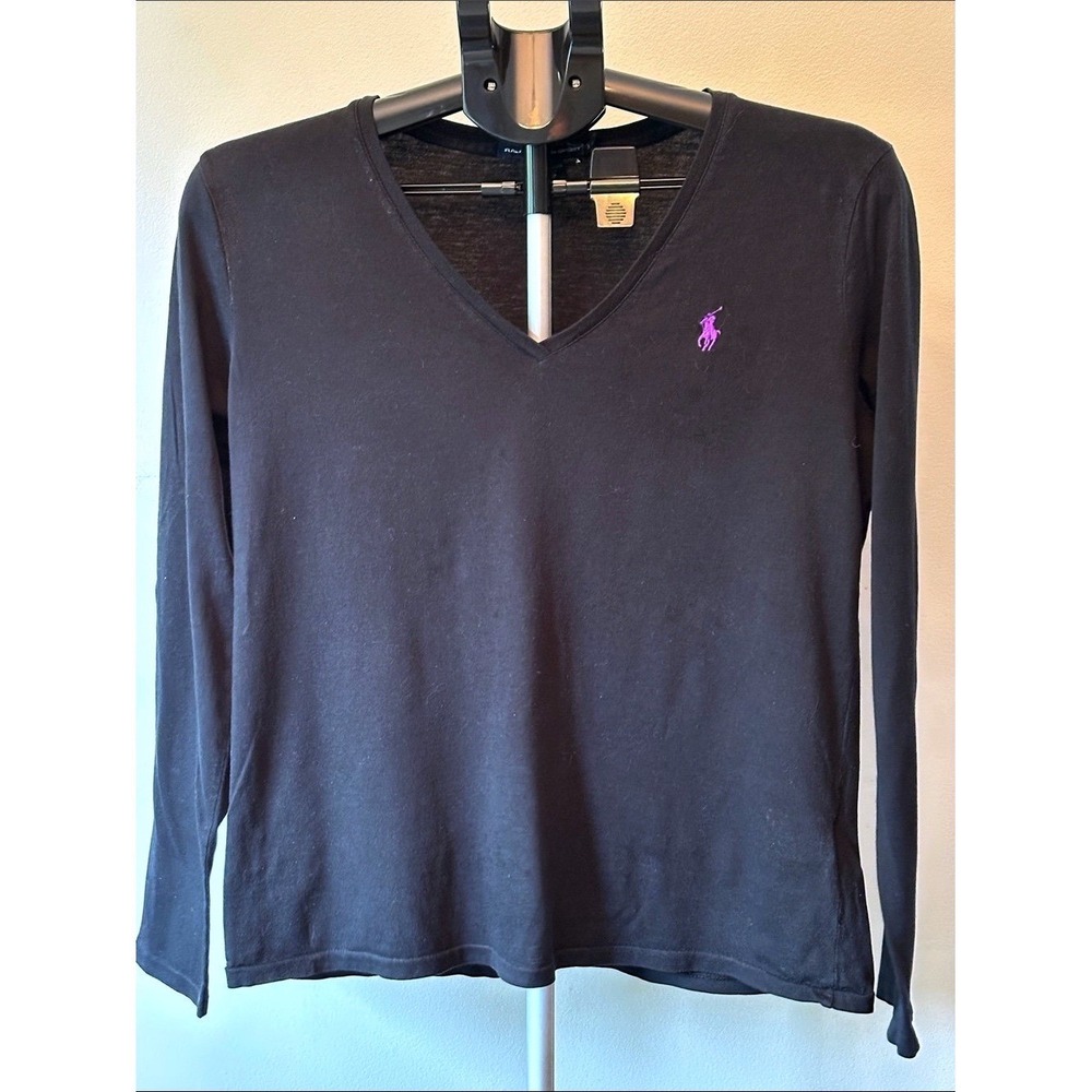 Ralph Lauren V-Neck Top Women Large Black Pima Cotton‎ Quiet Luxury Preppy Basic